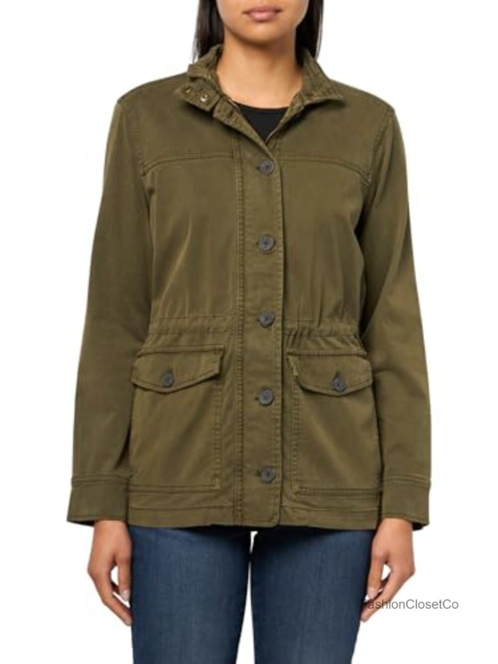 Women's Cotton Utility Jacket with Button Front and Waist